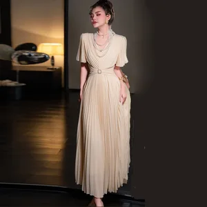 Fashion Luxury 2025 Ramadan Solid Color Casual Dresses Sexy V-neck High Waist Chiffon Pleated Apricot Party Elegant Long Dress
