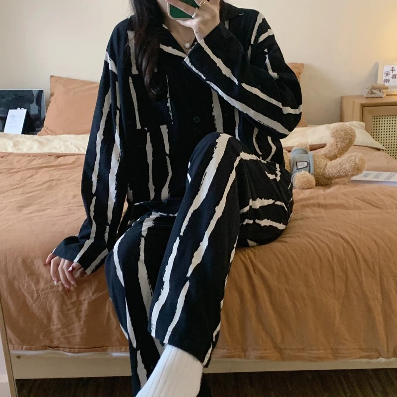 Factory-Designed Home Clothing Set for Spring Autumn New Breathable Cotton Cardigan Long Sleeve Pajamas Trousers Sweet Knitted