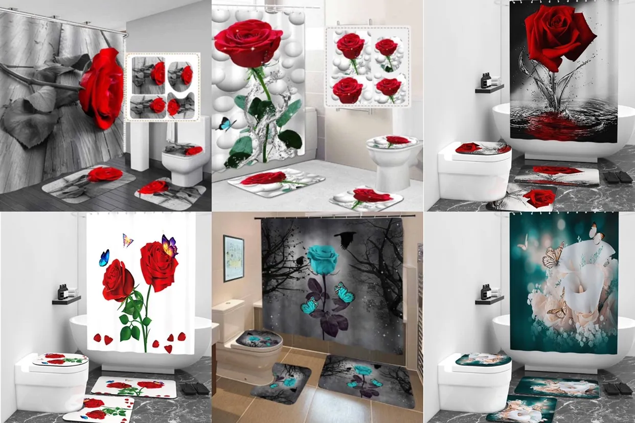 Custom Rose 3D Print Waterproof Shower Curtain - 100% Polyester