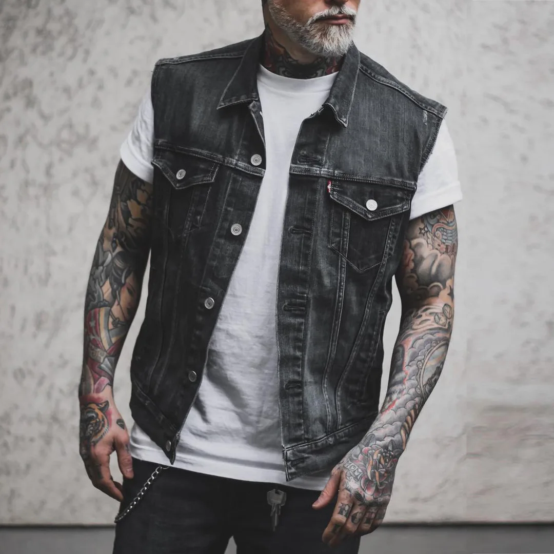 Vintage Denim Vest Jean Vest Black Denim Motorcycle Black Blue Biker Viking Graphic Sleeveless for Men factory