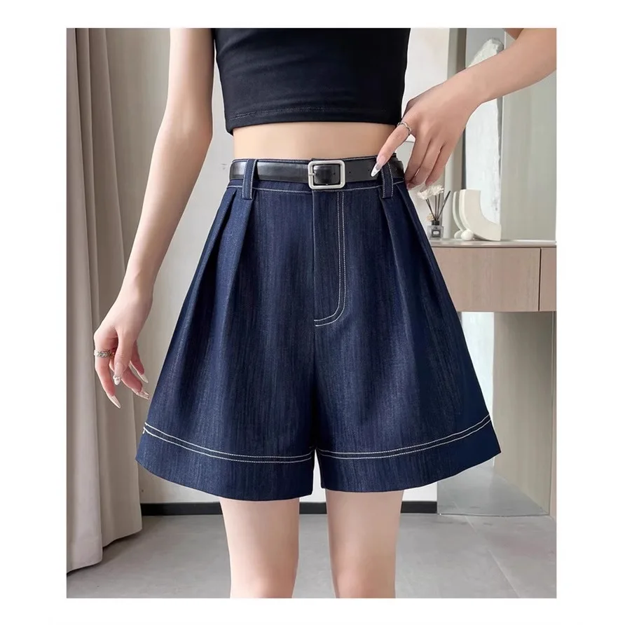 Vintage European Blue Denim Wide-Leg Five-Point Shorts Women Summer Loose Casual Straight-Leg Pants High-Waisted Slimming A-Line