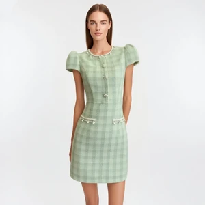 Vintage Style Green Tweed Dress, Puff Sleeve Women Dress