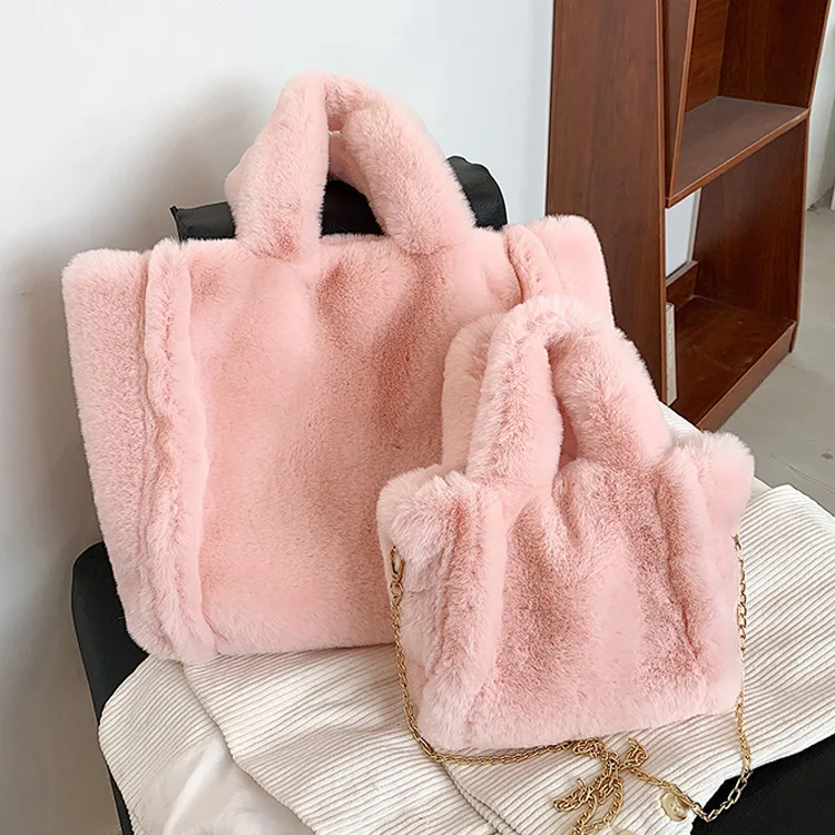 Winter Faux Fur Tote Bags Solid Fashion Women Handbags Ladies Bags 2024