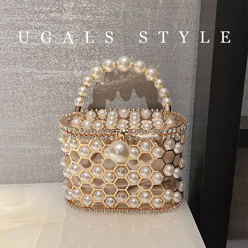 Wholesale Hollow Out Flower Pearl Bucket Bag Women's Evening Glitter Bling  Handbag Bridal Wedding With Party Prom Handbag Basket Frame Bag From  m.