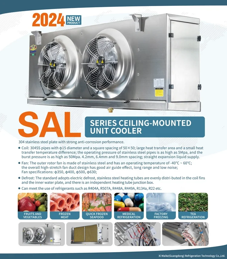 304 Stainless Steel Cold Room System Heater Defrost Evaporator 220v 60hz 3phase Refrigeration Air Cooler