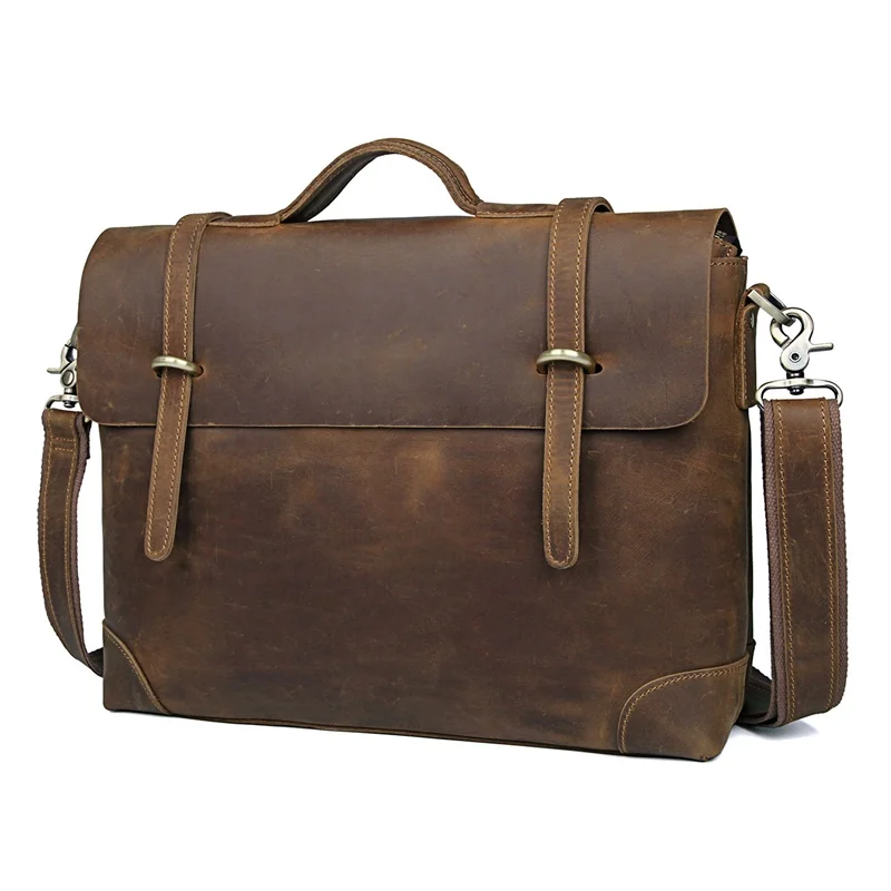 Men Crazy Horse Leather Briefcase Double Layer Handbag Cow Leather Laptop Bag Vintage Business Bag Dark Brown