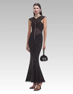 2026 Luxury Women's Fishtail Lace Dress V-Neck Black Mesh Embroidery Beading Crystal Diamond Rhinestone Decoration Acetate