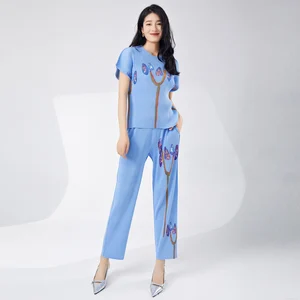 Miyake Pleated Casual Set New Women's Printed Short Sleeve Top Fashion Draping Straight Pants Two Piece Women's Set