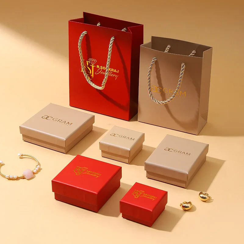 Wholesale  Red Lid Kraft Lid Jewelry Box Set Kraft Paper Bag Custom Logo Packaging for Ring Earring Necklace