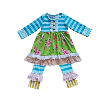 RTS Kids Boutique Clothing Sets Sweet Children Long Sleeves Tunic match Ruffle Pants Outfit for Girls