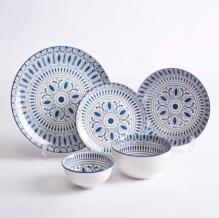 Blue and White Style Eco-Friendly Ceramic Dinner Set Pad Printed Porcelain Restaurant Plate Dishes Dinner Plate