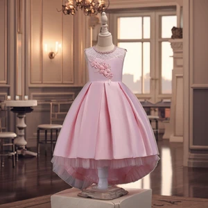 Western Style Princess Dress Clothes for Kids 3-D Embroidered Flower Girl Wedding Gown Satin Lace Formal Frock for Performance