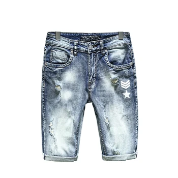 Men's blue denim shorts 2024 summer new trend hole print washed vintage high street denim short