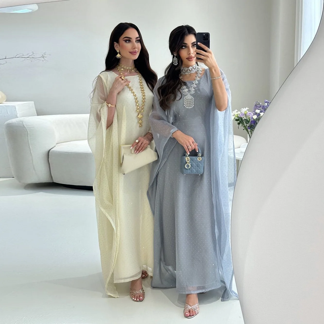 Dubai Ladies Solid Color Elegant Long Modest Dress Women Luxury Casual  Abaya Dress