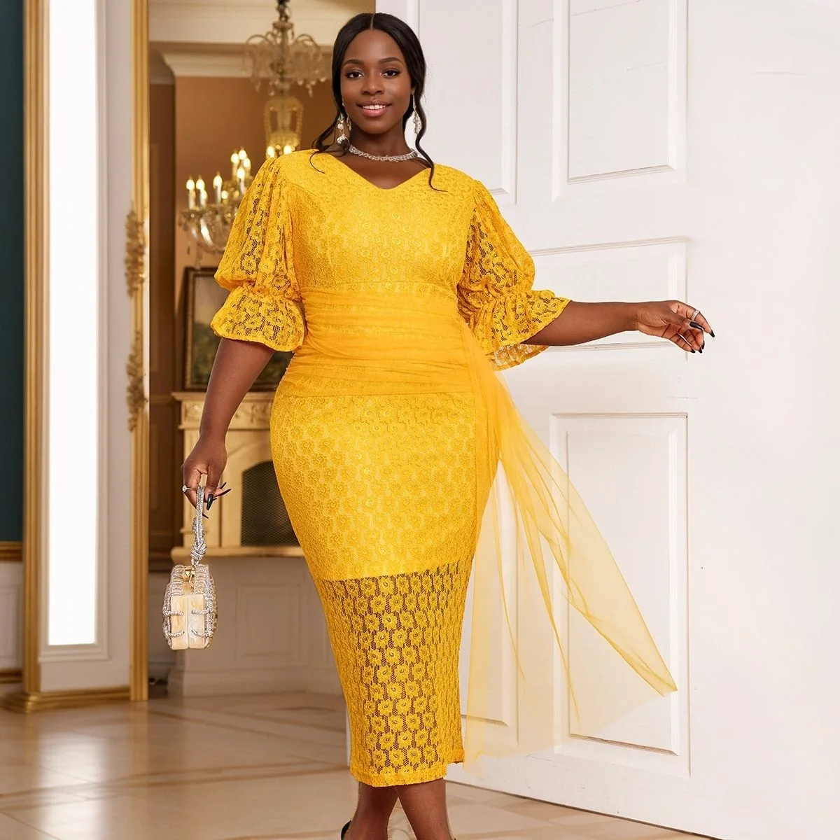 Fashion Design Women Yellow Dress for Women Lace Yellow Dress for Ladies  Fat Women's Yellow Dresses