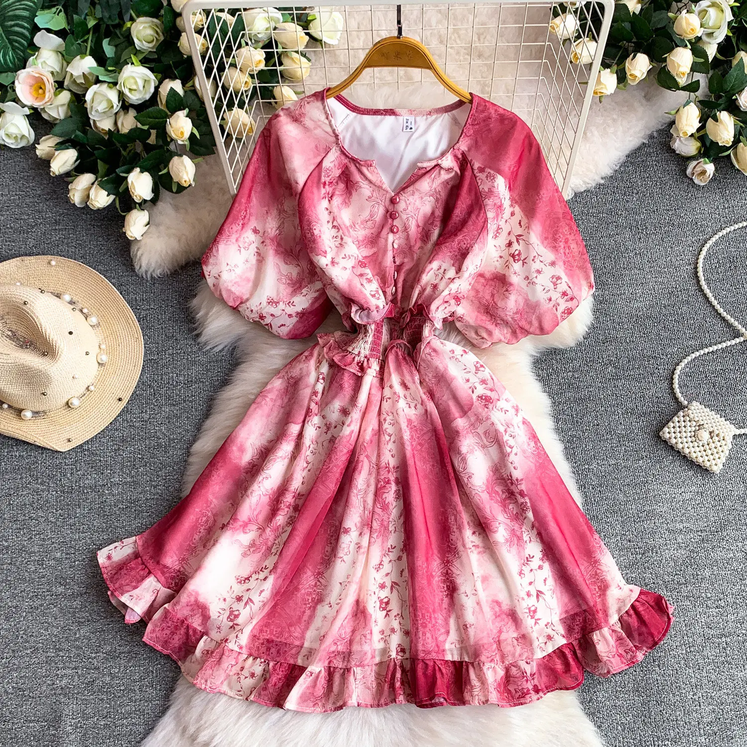 Vintage French Chiffon Printed Lantern Sleeve Women's Summer Dress Loose  Tight Waist Slimming Ruffle Dress