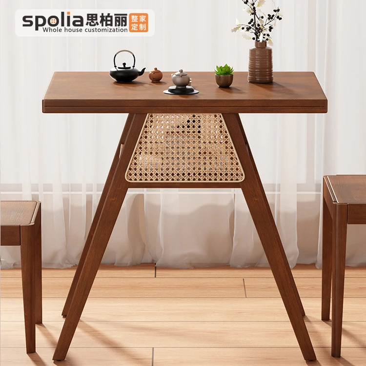 Solid Wood Balcony Dining Table with Rattan Chairs Small Coffee Tea Set for Leisure Courtyard Negotiation Stackable Storage