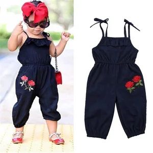 Wholesale Summer Linen Baby Knitted Romper Jumpsuit Rose Flower Embroidery Suspender Overalls with Shorts Length