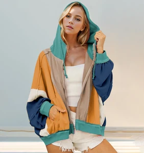 Autumn Trendy Casual Breathable Women's Hoodie with Drawstring Baggy Color Block Knitted Front Logo Zip-up for Winter Summer