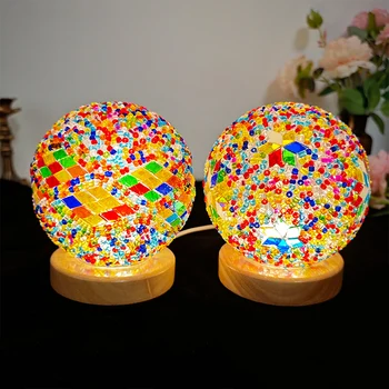 Wooden base glass night light bohemian style table lamp home decoration esfera led lamp mosaic memphis night light