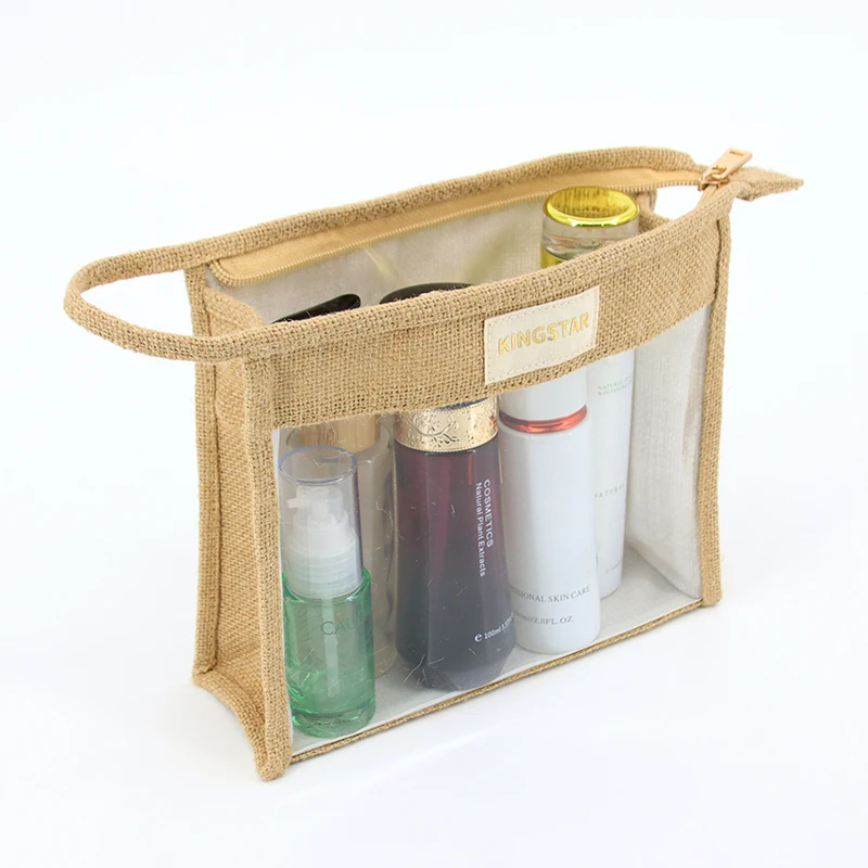 OEM Logo Custom Jute Makeup Cosmetic Zipper Bag Natural Hemp Transparent PVC Travel Portable Makeup Pouch