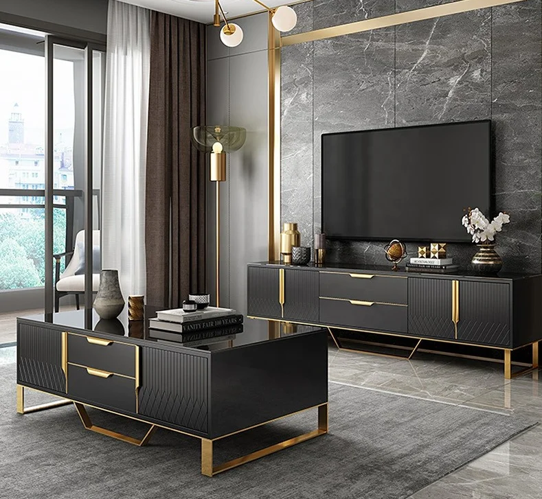 Modern White Black Color Coffee Table And Tv Stand Set With Gold