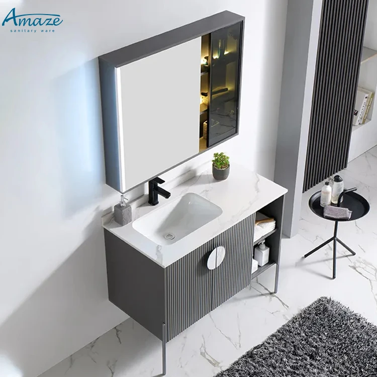 Factory custom dark grey waterproof new design plywood wall mounted bathroom sink vanity cabinet set supplier