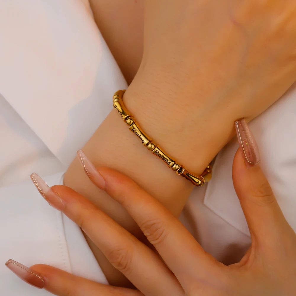 Minimalist Gold Plated Stainless Steel Bracelet for Women Engravable Bamboo Joint Bead Geometric Shape Gift Fashion Jewelry