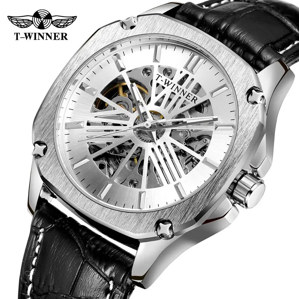 
T-winner Original Brand New Arrival Genuine Leather 40mm Hollow Automatic Watches Mens Luxury Small Mechanical Skeleton Watch 