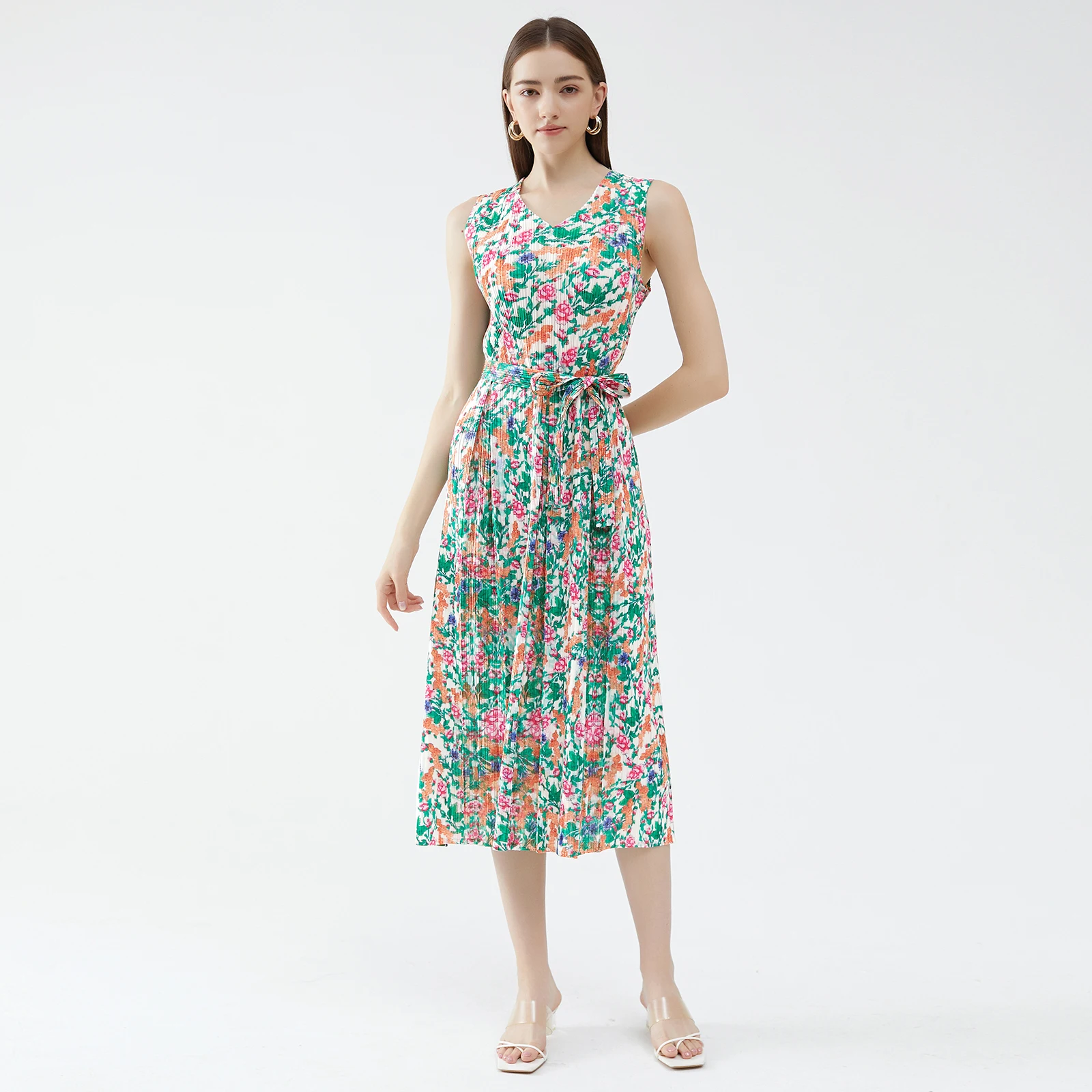 Fashion Bohemian Long Vest Dress Women Sleeveless Floral Dress Belt Pleated Vacation Beach Vest Dress Manufacturers Clothing Fashion Bohemian Long Vest Dress Women Sleeveless Floral Dress Belt Pleated Vacation Beach Vest Dress Manufacturers Clothing