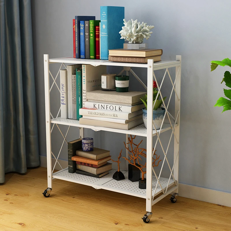 Home Kitchen Metal Folding Storage Shelf Racks with Universal Wheels 2-tire Estantes Foldable Folding Removable Shelves