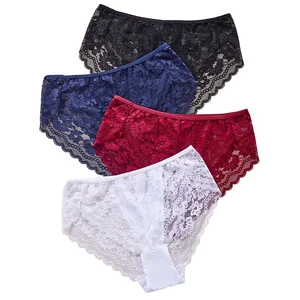 Women's Sexy Transparent Full Lace High-Rise Bikini Panty Hot Female Underwear Breathable Spandex/Nylon Floral Knitted Waist
