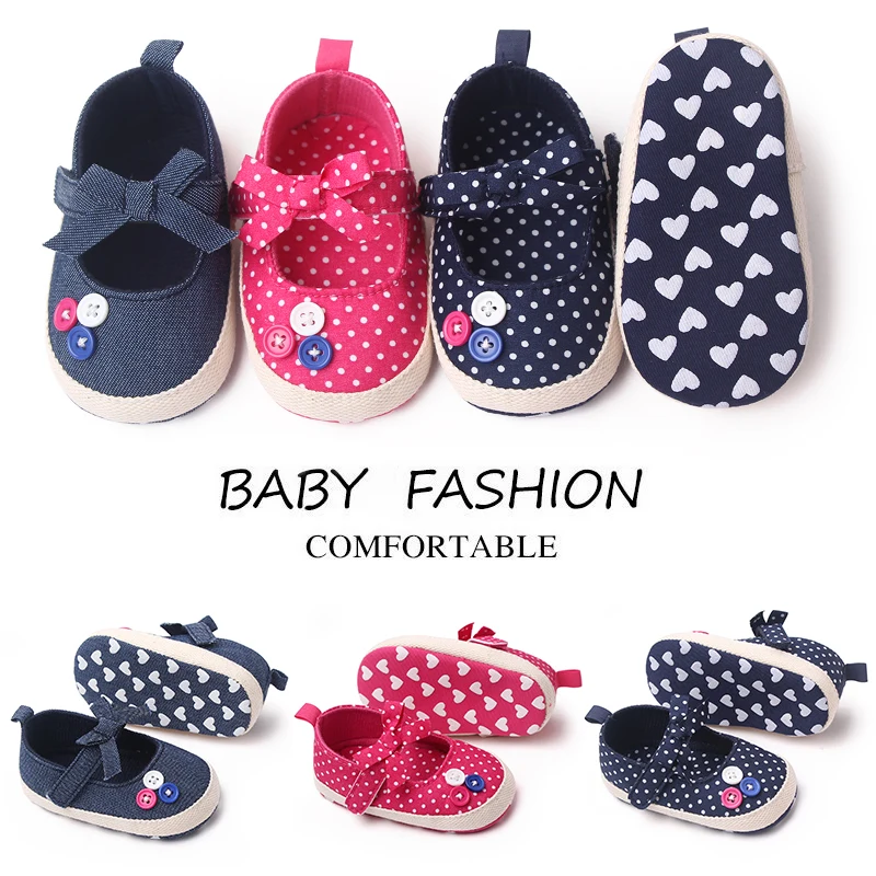 Solid Color Striped Polka-dot Bow Button Soft Soled Breathable Infants Toddler Shoes for Girls supplier