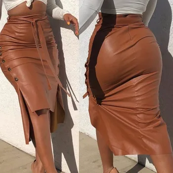 Womens Short Front Long Back Midi Leather PU Skirt Side Slit Slim Wrap Hip Elastic High Waist Mid Length Pencil Skirts