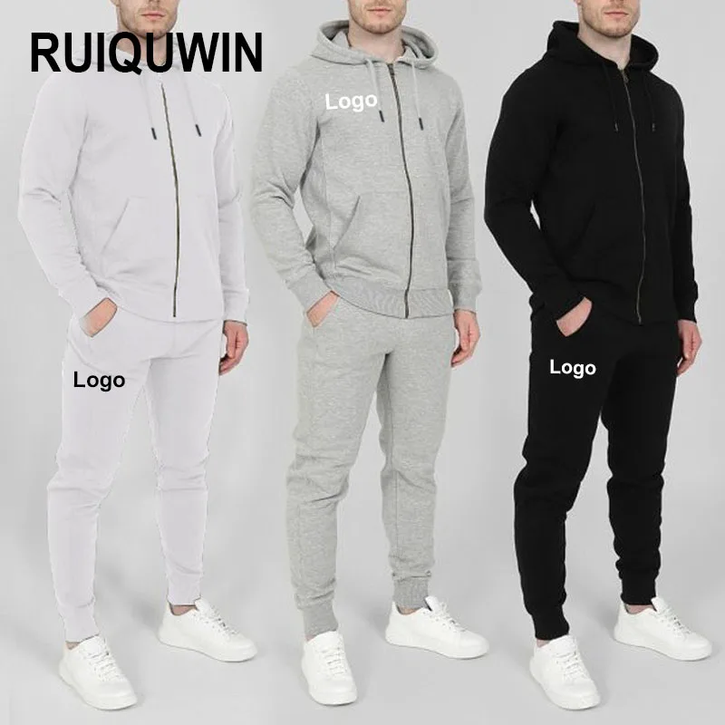 RUIQUWIN Men's Winter Thickened Tracksuit Set Custom Wholesale Casual Sportswear with Zipper Hoodie Sweatpants Warm Activewear