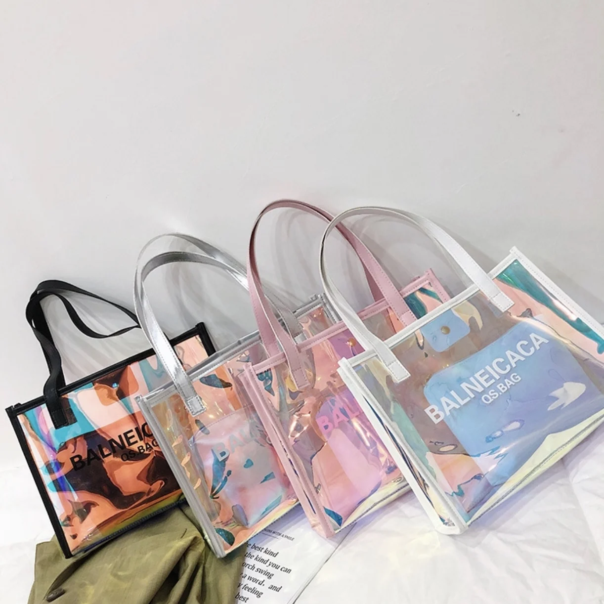 Hot Selling Fashion Cheap Holographic Transparent PVC Shopping Bag Stylish  College Designer Clear Tote Bags - China Paper Bag and Packaging price