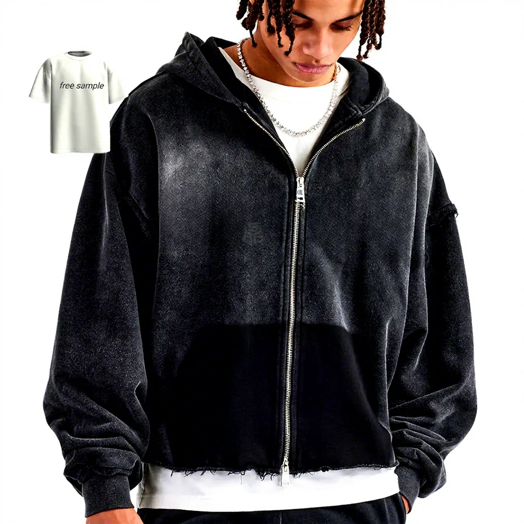 Custom Acid Washed 460 Gsm Cotton Hoodie Oversized Boxy Fit Cropped Full Zip Embossed Streetwear Distressed Mens Hoodie
