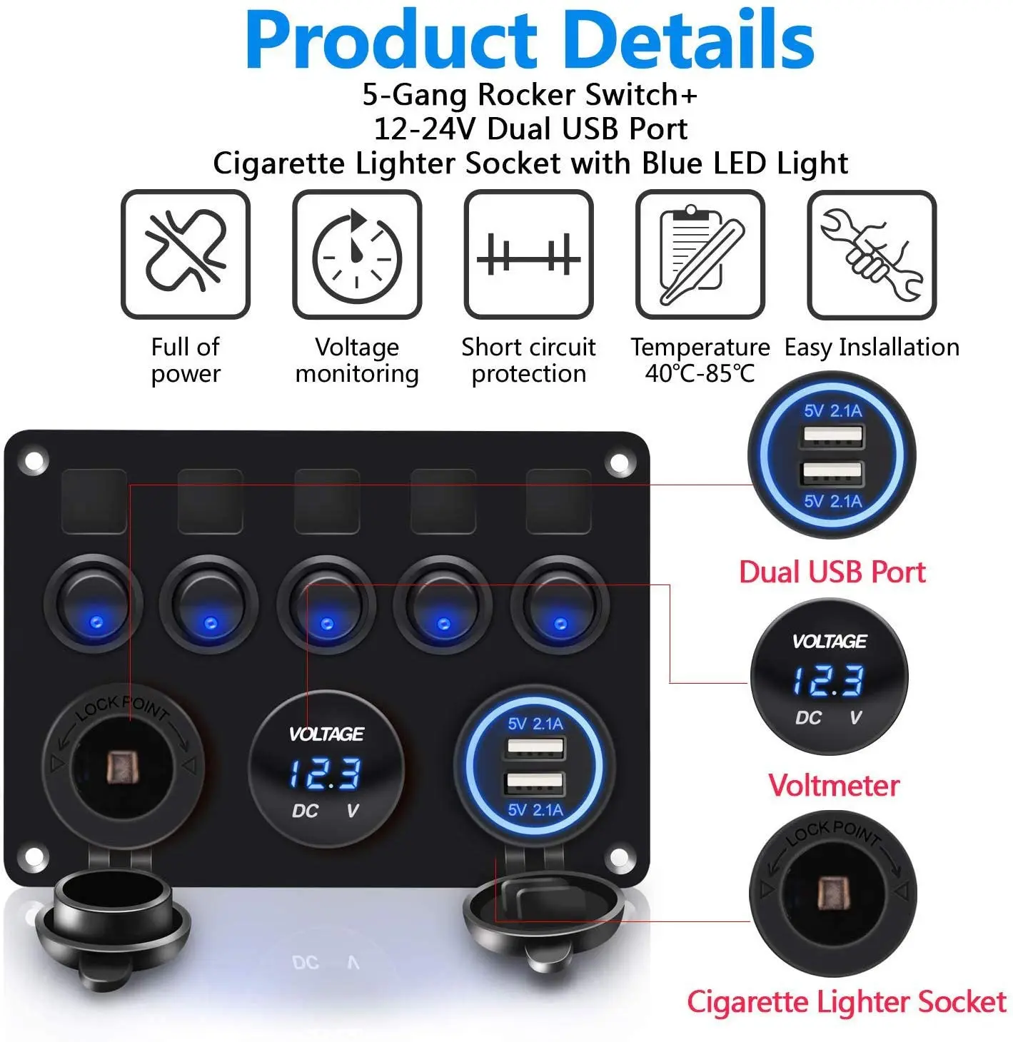 Blue Dot LED Round Rocker Switch Panel 5 Gang for Rvs