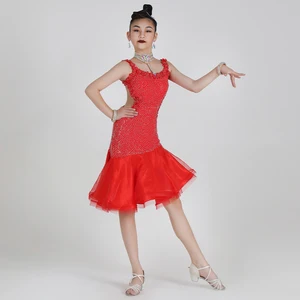 Children's Latin Dance Dress Rhinestone Ballet Dance Costumes Red Dance Dress for Girls Competition Wear Performance Costumes
