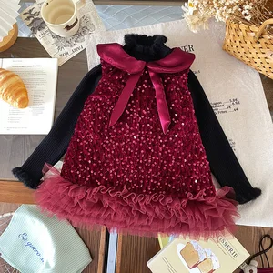 2026 Winter New Style Lapel Sleeveless Sequined Puffy Skirt Children's Fleece Pullover Skirt