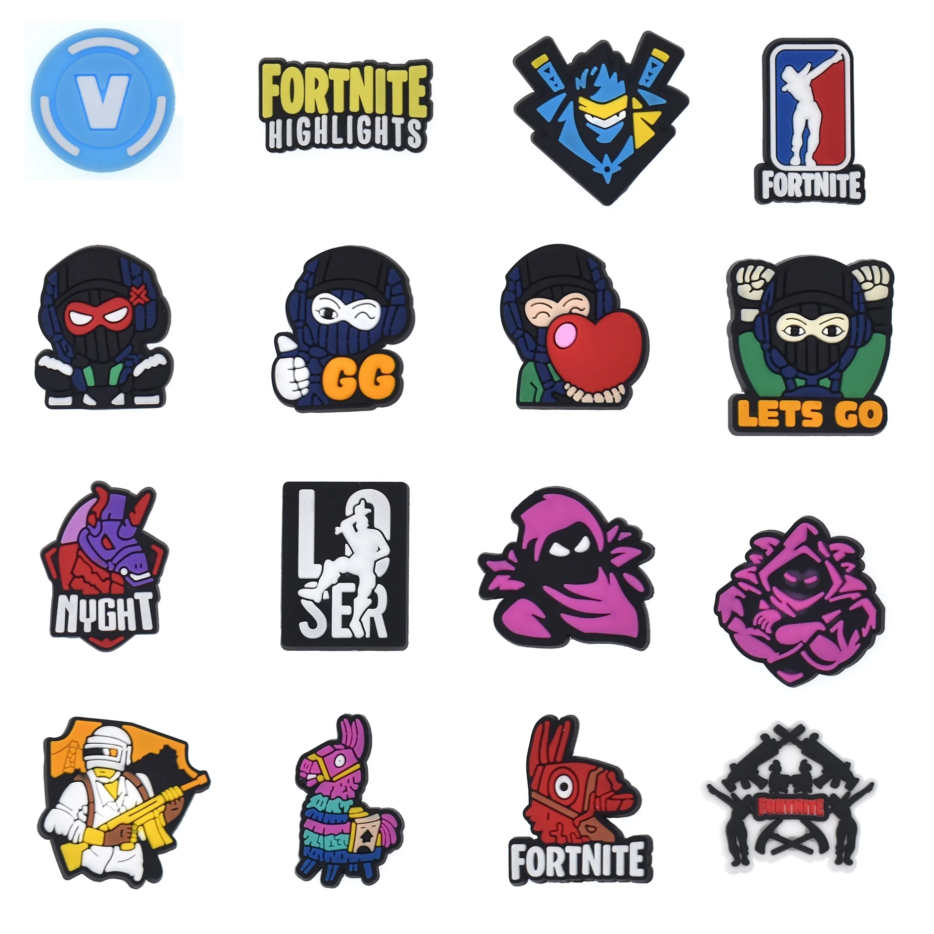 Hot Selling PVC Fortnitee Highlights Cheap Cartoon Shoe Charm Ornament Wholesale Bags Decorations Sandals Accessories