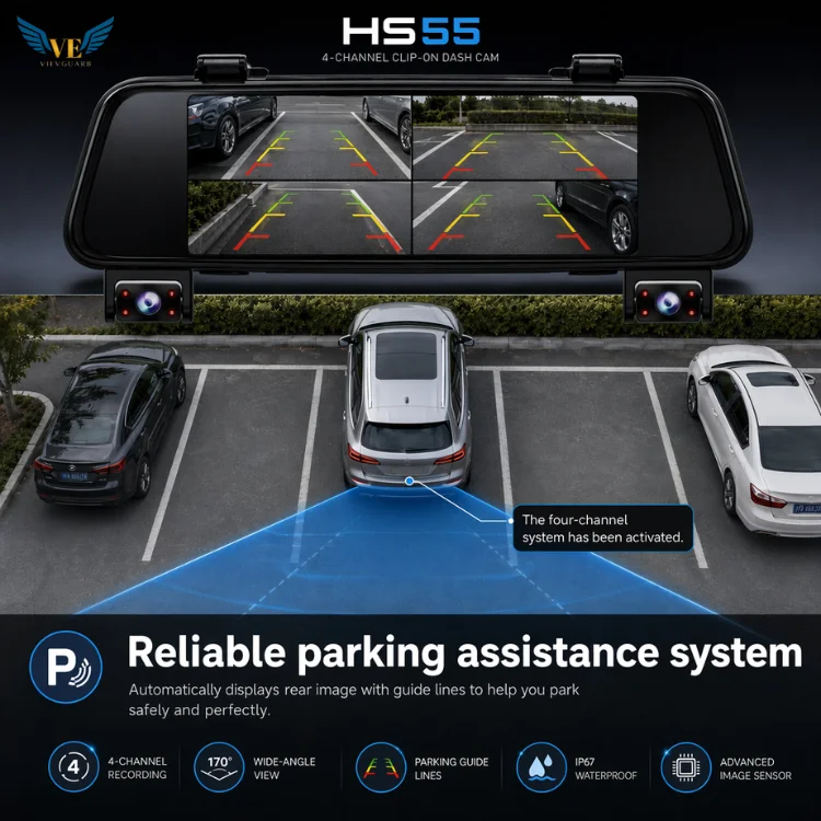 VIEVGUARB HS55 Dash Cam Night Vision G-Sensor Parking Monitor Loop Recording App Control 1080P WiFi 4 Channel Touch Screen