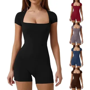 2026 Spring Summer New European American Short Sleeve One-piece Yoga Suit Casual Sports Waist Shaping Bodysuit Spaghetti Strap