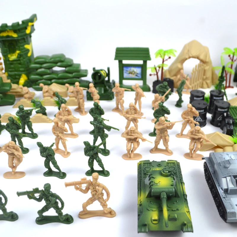 Оптовая продажа 100 шт. игрушечные армейские мужчины полипропиленовые пластиковые игрушки солдаты военные с танковой башней игровой набор