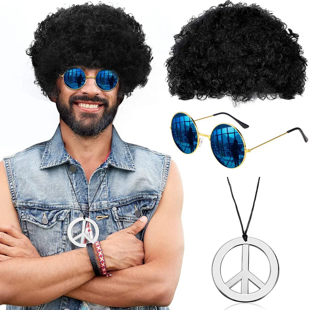 Costume Hippie Années 70 - T-shirt Tie-Dye, Perruque, Lunettes, Collier, Bandeau Arc-en-Ciel, Tatouages - Carnaval - Homme Enfant