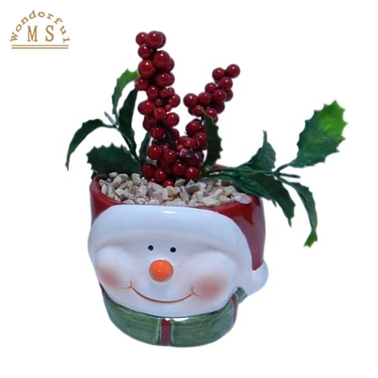 Handmade Ceramic Christmas Flower Pot with Snowman Design including Artifical Flower and Led Light to bright your holiday party