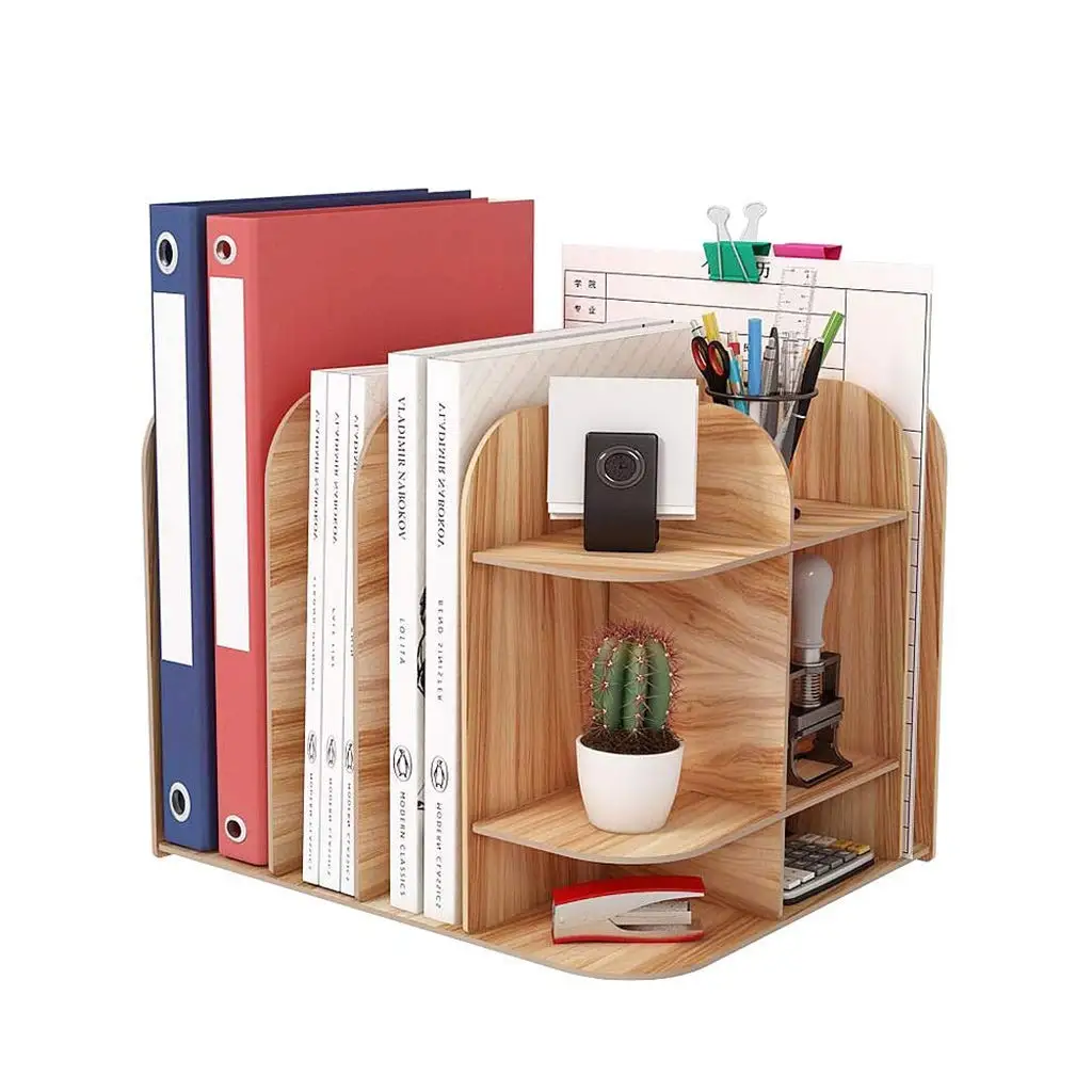 Wooden Desktop Bookshelf and Desk Organizer Countertop Bookcase Folder Storage Rack Display for Kitchen & Living Room