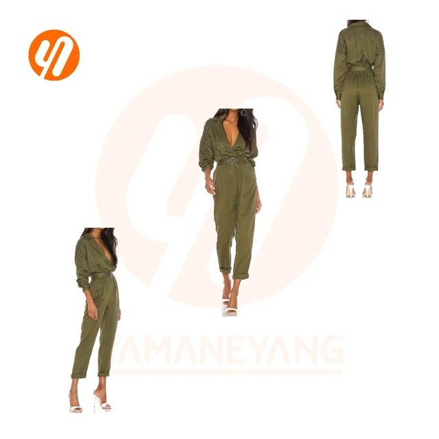 1923 Hot-selling Self Fabric Waist Belt Deep V Neck Ankle Long Lining Inside Bodysuit Jumpsuit