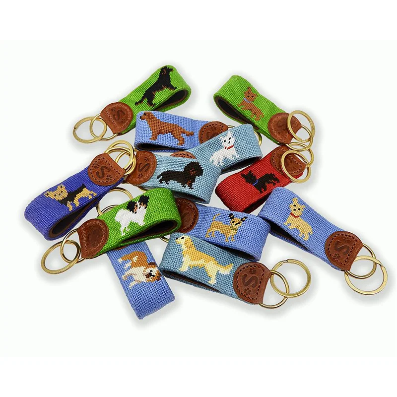 SNK006 Custom Design Key Chain Genuine Leather Key Holder with American Flag Stitch & Needlepoint Fashionable Handcraft Key Fob