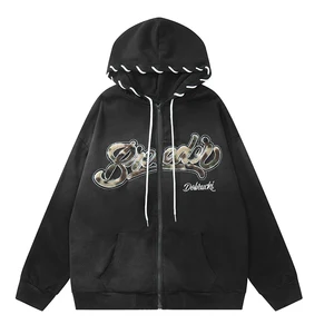 Autumn Men's Hoodie with Gradient Zipper Fashionable Flocking Embroidery Tie Dye Pattern Solid Polyester/Cotton Material